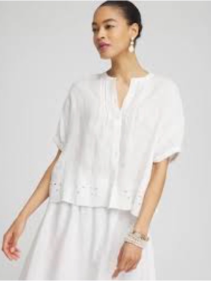 Chico's White Eyelet Pintuck Split-Neck Blouse